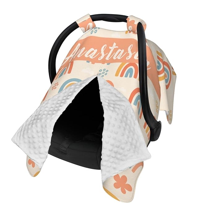 Personalized Rainbow Baby Car Seat Canopy with Name – Custom Nursing Cover, Stroller Seat Cover, Breastfeeding Privacy Blanket, Soft Breathable Infant Cover for Newborn Boy Girl Gift