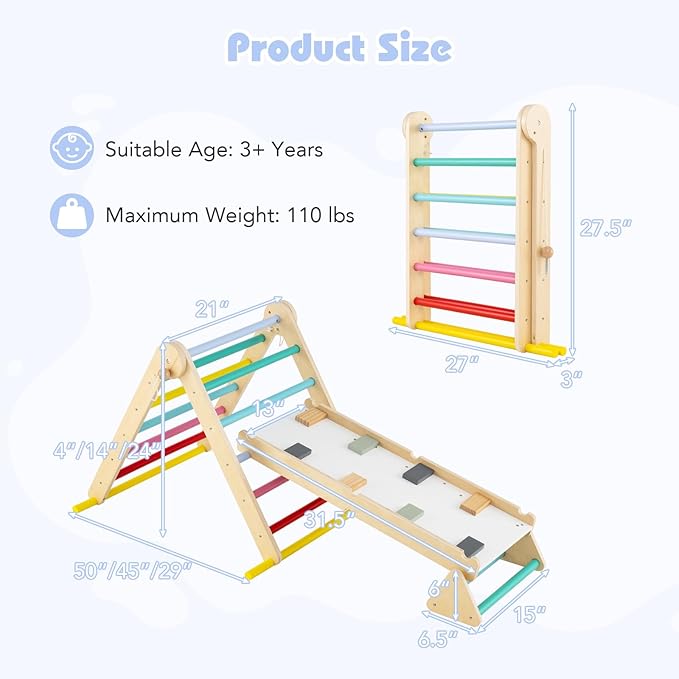 Olakids Pikler Triangle Set 7 in 1 Climbing Toys for Toddlers Foldable Baby Wood Montessori Jungle Gym with Angle Adjustable Ladder Seesaw Ramp Indoor Playground (Colorful)
