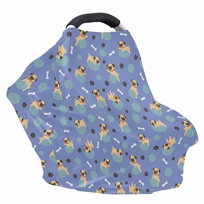 Binienty Cute Pug Infant Carseat Canopy, Dog Paw Prints Breathable Breastfeeding Scarf for Moms, Stretchy Fabric All-Season Use Baby Stroller Canopies