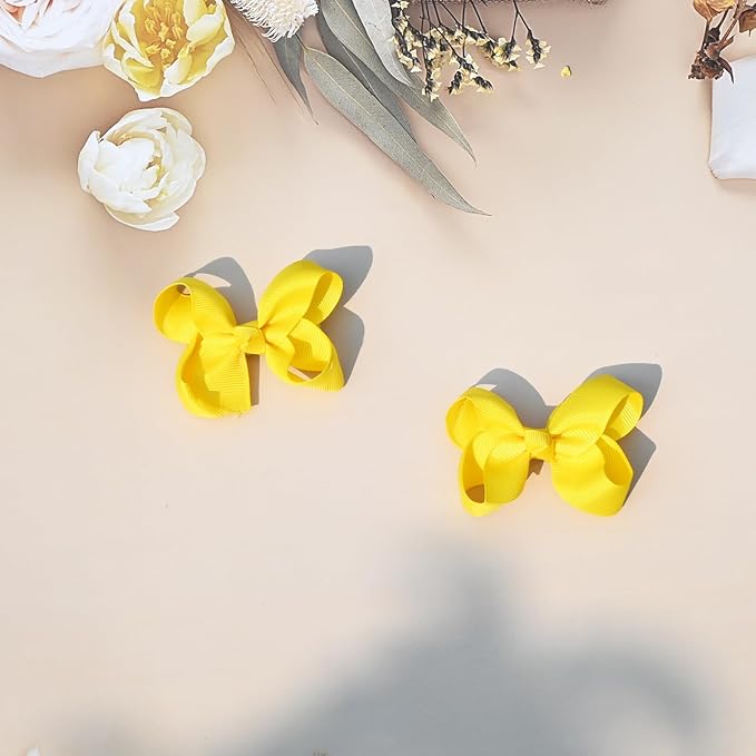 3' Hair Bows Clips for Girls & Toddlers - 6 PCS Alligator Clips Grosgrain Ribbon Solid Color Hair Accessories - Yellow