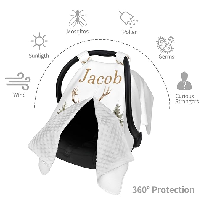 Personalized Baby Car Seat Canopy with Name – Custom Woodland Deer Minky Nursing Cover for Boys & Girls, Soft Stroller Cover for Infants & Newborns, Carseat Canopy for Breastfeeding