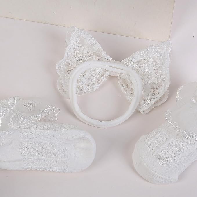 Baby Baptism Headband Lace Bow Headband Christening Headbands with Pearls TSFD30 (Headbad and Sock Set)