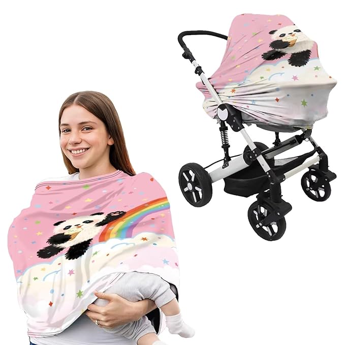 Panda Baby Car Seat Cover Cute Nursing Breastfeeding Covers Soft Breathable Vibrant Nursing Pillow Cover Boys & Girls Shower Gifts 2PCS Pink