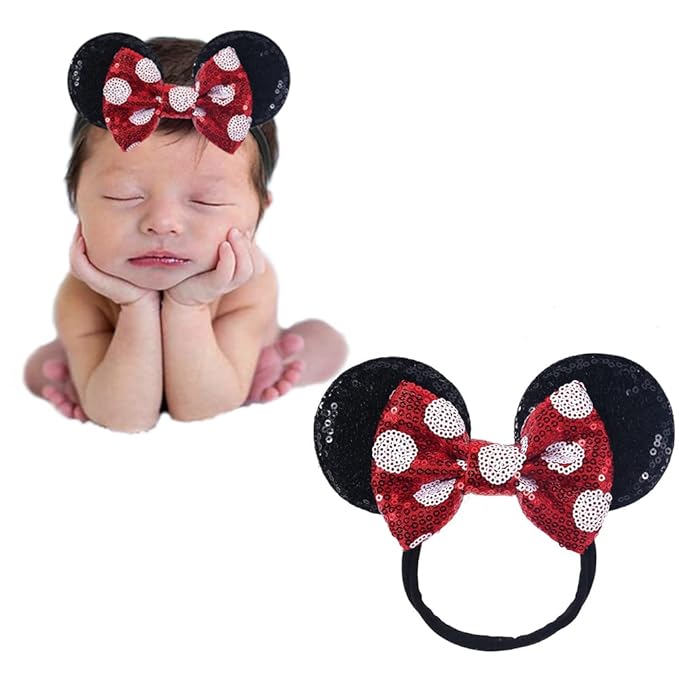 JIAHANG Mouse Ears Sequin Bow Nylon Hairband with Polka Dot, Hair Bow Headband, Soft Elastic Headwear for Baby Girl Newborn Toddler, kids, Party Supplies