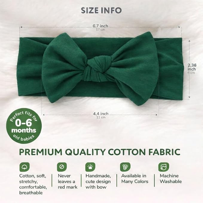 Baby Girl Headbands 0–6 Months – Newborn Infant Soft Cotton Handmade Bow Headband, Stretchy No Mark Baby Hair Accessories (Forest Green, 0-6 Month)