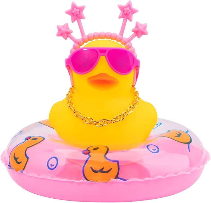 wonuu Car Duck Rubber Duck Car Ornaments Duck Car Dashboard Decorations with Cute Headband Swim Ring Necklace Sunglasses, B-Pink Star Headband