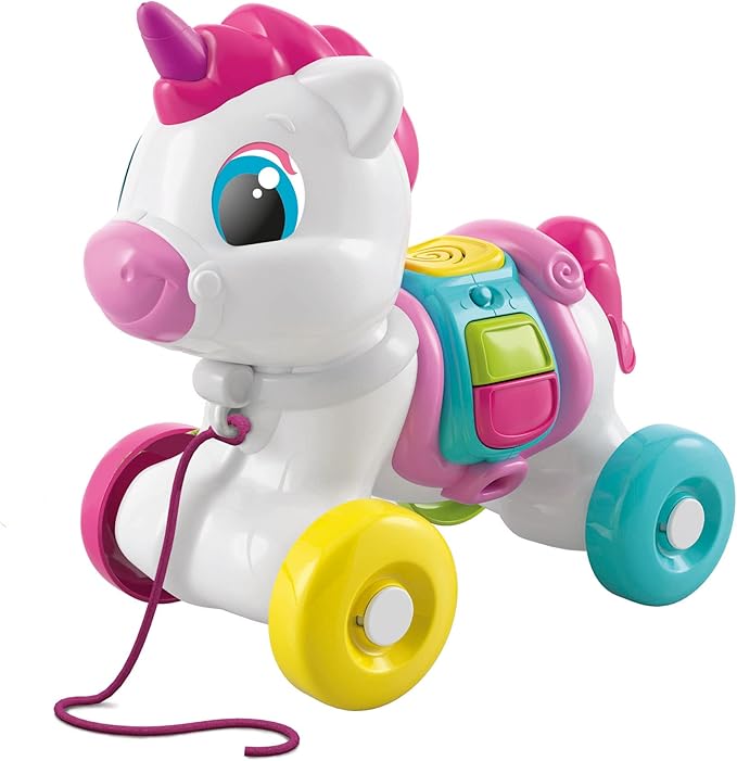 Clementoni - Baby Unicorn Always with Me Interactive Towing, Animal to Pull, Game for Motorability, First Steps, Learning to Walk, Children 6 Months-Made in Italy, Italian Colour, 17803
