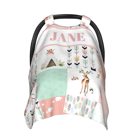 Personalized Minky Car Seat Canopy for Girl Boy, Custom Name Stroller Car Seat Covers Cover for Infant Newborn Shower Gift, Nursing Opening Carseat Cover for Breastfeeding, Woodland Deer Pink