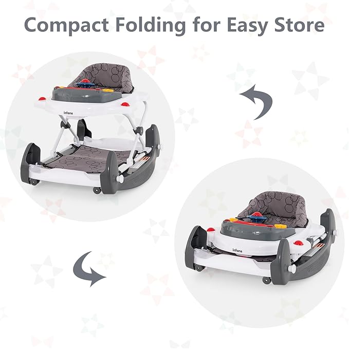 INFANS Baby Walker, 5 in 1 Behind Walker Learning Seated Rocker Bouncer with Removable Music Tray, Adjustable Height, Washable Seat Cushion, Foldable Activity Center for Toddlers (Grey)