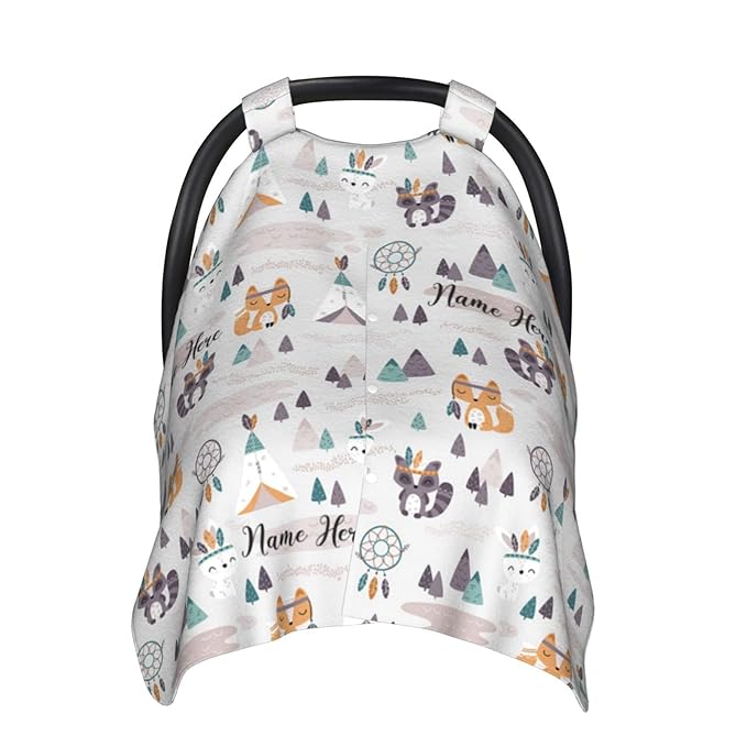 Personalized Woodland Fox Baby Infant Car Seats Canopy for Babies with Name, Custom Multi-use Blankets for Baby Boys Girls, Peekaboo Minky Nursing Breastfeeding Stroller Cover Canopies for Newborn