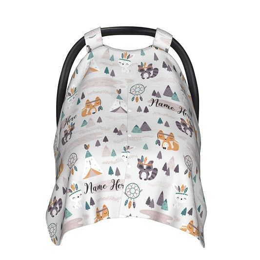 Personalized Woodland Fox Baby Infant Car Seats Canopy for Babies with Name, Custom Multi-use Blankets for Baby Boys Girls, Peekaboo Minky Nursing Breastfeeding Stroller Cover Canopies for Newborn