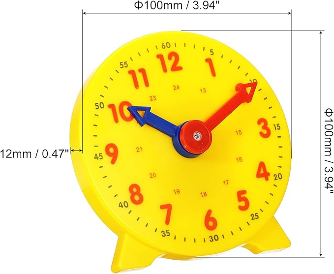 PATIKIL 4 inch Teaching Clock, Learn Clock Learning Tell Time Analog Clock Demonstration Clock 24 Hour 2 Pointers Geared Movement for Classroom Teacher, Yellow