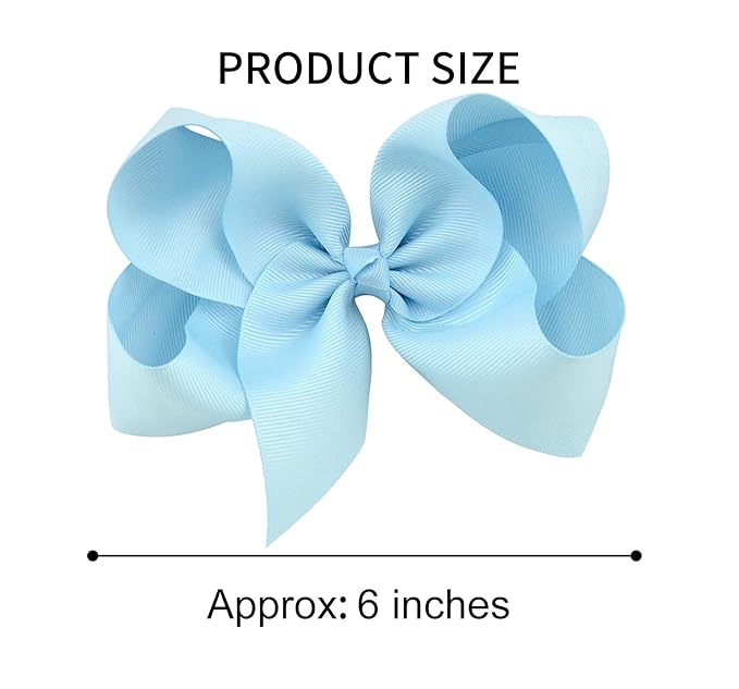 DEEKA 2 PCS 6" Big Hand-made Grosgrain Ribbon Solid Color Hair Bows Alligator Clips Hair Accessories for Little Teen Toddler Girls Kids Set of 2 -Light Blue