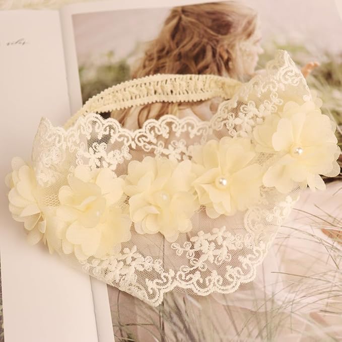 Baby Girls Headband Lacy Bow Pearl Wide Hair Band Turban for Infants Newborn Toddler Floral Ivory Elastic Head Wrap Breathable Sun Bonnet Hair Accessories (Ivory E)