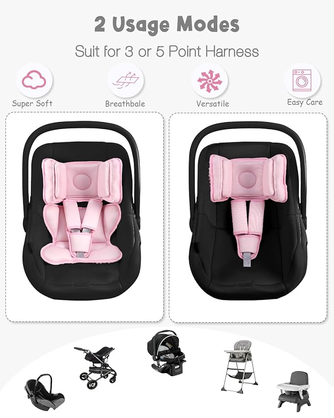 Infant Car Seat Insert with 2 Headrest for Doona|Graco, Thickened Baby Car Seat Head Support for Newborn, Reveable Baby Car Seat Cushion for Side Impact Protection, Pink