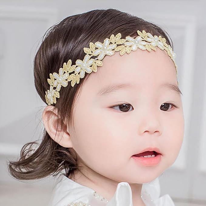 Baby Girl Gold Flower Lace Headband Toddler Elastic Floral Hair Band Newborn Infant Soft Lace Baptism Christening Hair Accessories for Birthday Party (Gold E, Standard size)