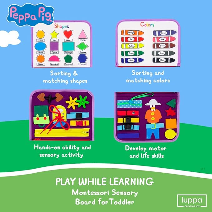 Peppa Pig Toddler Busy Board – Montessori toys for 1 2 3 4 Year Old, Educational Activity Sensory Board for Preschool Learning Fine Motor Skills, Gift Toys for Boys Girls, Airplane Car Travel Toy