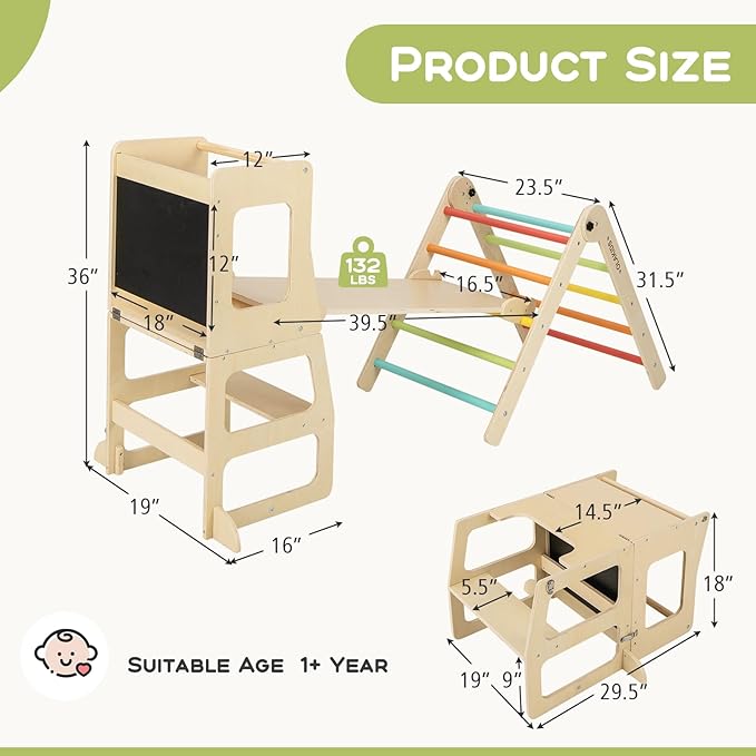 Olakids Pikler Triangle Set 8 in 1 Climbing Toys for Toddlers Foldable Wood Montessori Jungle Gym with Toddler Tower Angle Adjustable Ladder Ramp Slide Indoor Playground Baby Climber