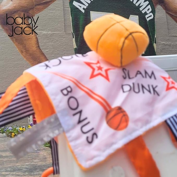 Baby Jack & Co 10x10” Basketball Sports Lovey Sensory Plush Blanket - Tag Toy for Developing Sense of Touch - Travel Stroller Toy w/BPA Free Clip - Learn Shapes, Letters & Colors - Sports Gift
