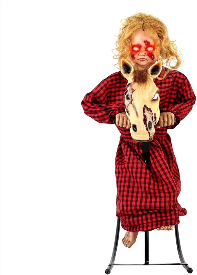 Haunted Hill Farm 3.2-Ft Animatronic Rocking Horse Girl, Halloween Animatronic, Creepy Gothic Horror Movie Décor, Scary Macabre Party Decoration with Voice & Sound-Activated Lights & Sound, Life-Size