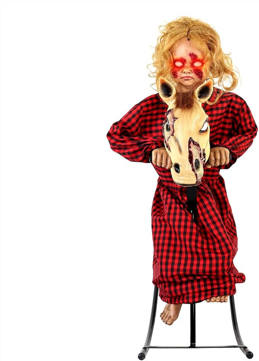 Haunted Hill Farm 3.2-Ft Animatronic Rocking Horse Girl, Halloween Animatronic, Creepy Gothic Horror Movie Décor, Scary Macabre Party Decoration with Voice & Sound-Activated Lights & Sound, Life-Size