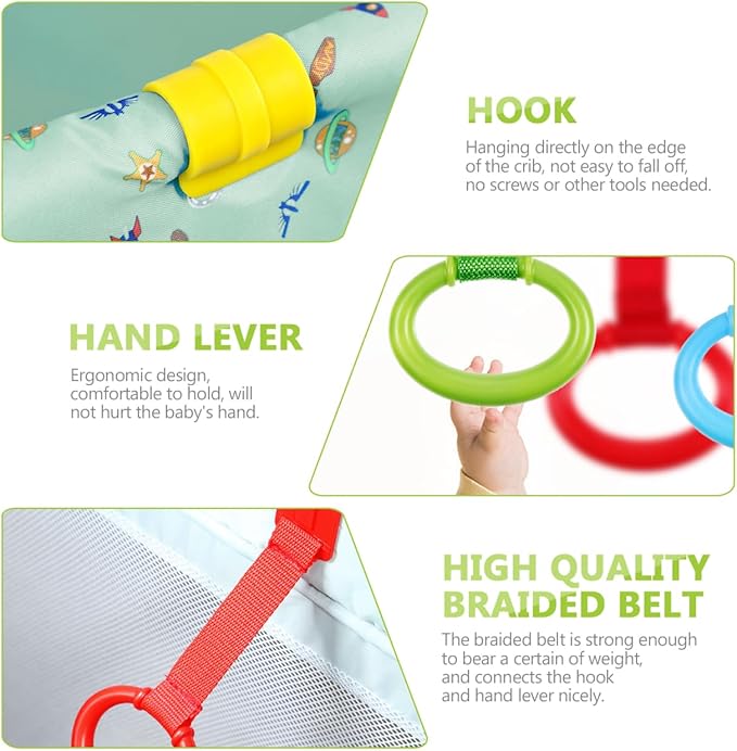 Kisangel 4pcs Baby Play Gym Pull Ring Baby Bed Stand Up Rings Nursery Baby Cot Rings Toddler Activity Kids Walking Training Tool