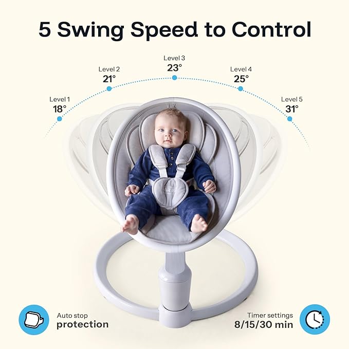 HARPPA Weddell Plus Electric Baby Swings for Infants and Newborns, Eye-Level Baby Swing 5 Speeds and Remote Control 10 Built-in Melodies, 2 Seat Positions & 180° Rotation for Indoor Use, Dove Gray