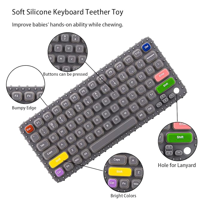 Keyboard Shape Teething Toys，Silicone Baby Teether Toys with Pacifier Clip for Babies 0-3 Months 3-6 Months,Baby Chew Toys Sensory Toys for Babies 6-36 Months(Gray)