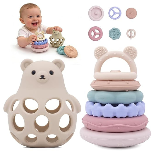 Baby Bear Teething & Stacking Toy Set - Teething Toys Silicone Teethers, Soft Baby Stacker Rings Teether, Learning Toy Gift for Boys and Girls 6+ Months (Beige)