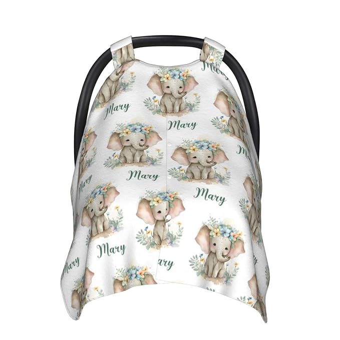 Personalized Baby Car Seat Canopy for Babies with Name, Custom Car Seat Covers for Boys Girls, Infant Opening Minky Nursing Breastfeeding Stroller Cover Carseat Canopies for Newborn (Floral Elephant)