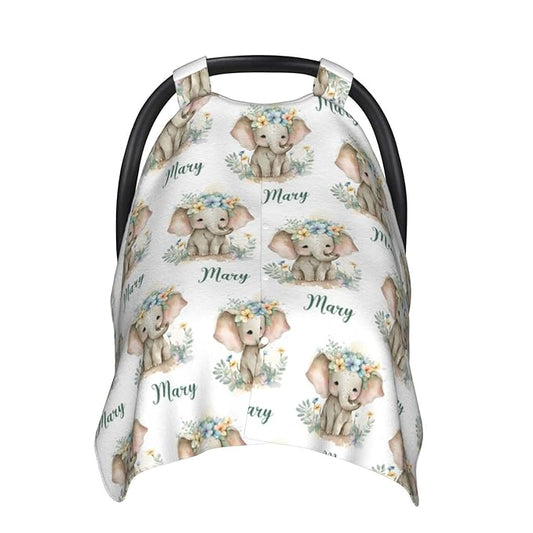 Personalized Baby Car Seat Canopy for Babies with Name, Custom Car Seat Covers for Boys Girls, Infant Opening Minky Nursing Breastfeeding Stroller Cover Carseat Canopies for Newborn (Floral Elephant)