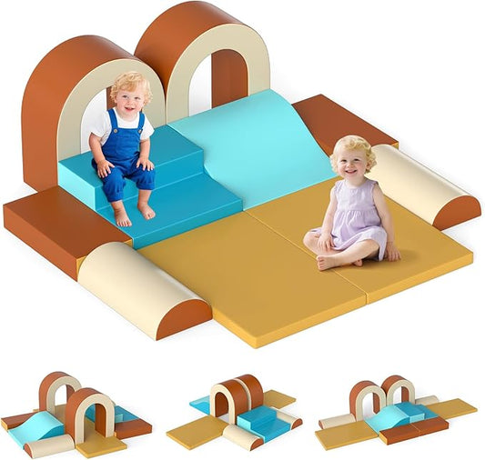 Olakids Toddler Climbing Toys Indoor, 10 Pieces Baby Foam Blocks Soft Play Set with PU Leather, Kids Climb Crawling Activity Gym Playground for 1+ Years (Brown)