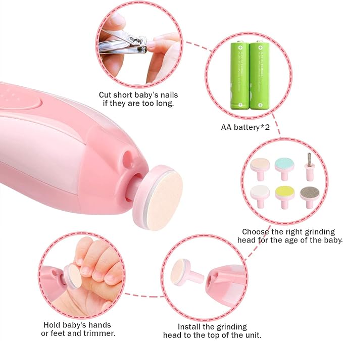 Baby Nail Trimmer Electric, Electric Nail File Baby Nail Clippers with Light, Toe Nail Sander for Thick Nails, Infant Nail Clippers for Newborn Or Toddler Toes and Fingernails(Pink)