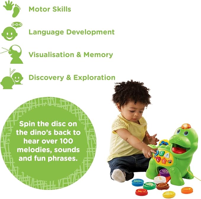 VTech Baby Feed Me Dino | Musical Baby Toy with Numbers, Counting Music & Shapes | Interactive Light Up Toy Suitable from 1, 2, 3 Year Olds Boys & Girls, Green, 27 x 12.3 x 26 cm