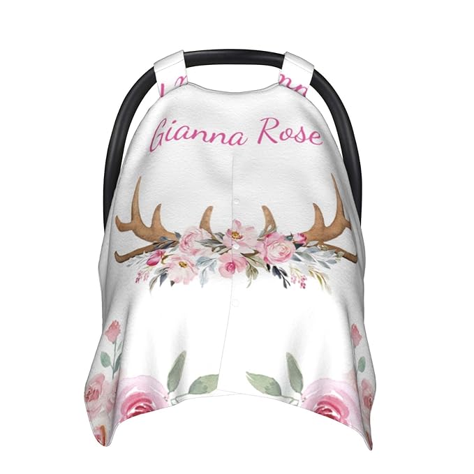 Personalized Baby Car Seat Canopy with Name – Custom Floral Antler Minky Nursing Cover for Girls, Soft Stroller Cover for Infants & Newborns, Carseat Canopy for Breastfeeding