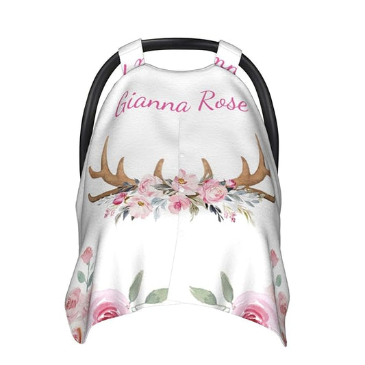 Personalized Baby Car Seat Canopy with Name – Custom Floral Antler Minky Nursing Cover for Girls, Soft Stroller Cover for Infants & Newborns, Carseat Canopy for Breastfeeding