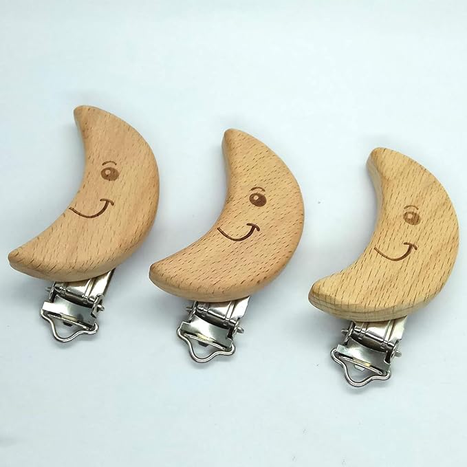 5pcs Natural Beech Wood Animal Pacifier Clips Grasping Toy Suspender Chain Clips Charm Antique DIY Beading Accessory (Moon)