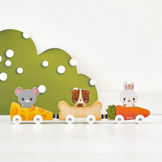Janod - Pets Wooden Animal Car Train Push and Go Playset - Toddler Playtime - Magnetic Interchangeable Cars - Encourages Imaginative Play - Adorable Animal Characters, Safe Quality Materials