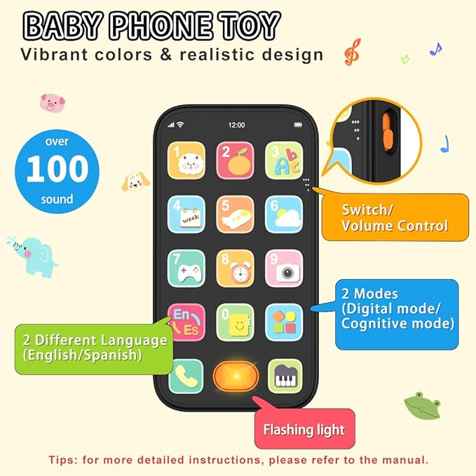 Toy Phone Baby Remote Control Toy Set, Play Phones TV Remote Control with Music Light for 6+ Months, Early Learning Baby Toys Gift for 1 Year Old Boys Girls Kids Toddler Infant, English/Spanish, Black