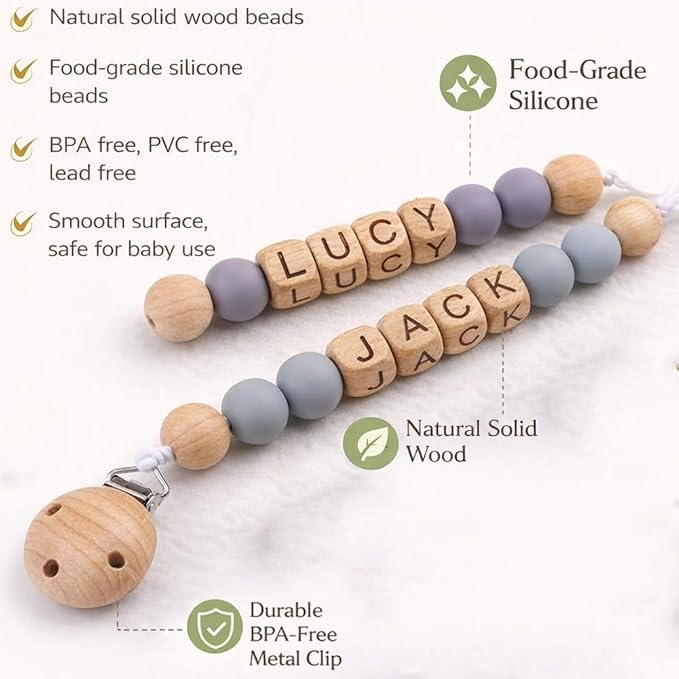 Personalized Baby Pacifier Clip with Name - Custom Wooden Letter & Silicone Beads Chain Holder for Boys Girls Newborn Gift