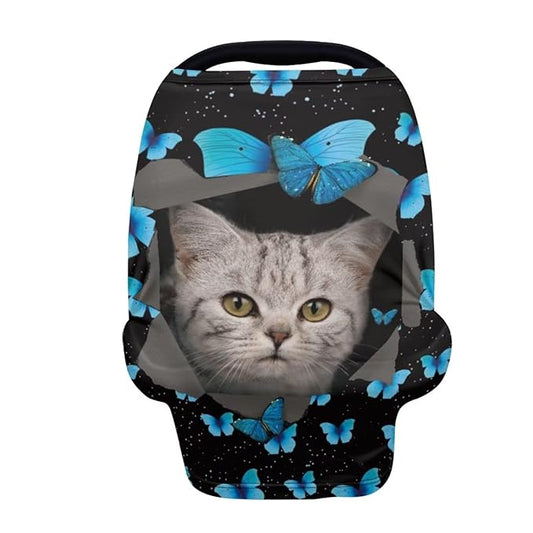 Forchrinse Cute Cat Blue Butterfly Print Baby Car Seat Canopy for Boys Girls - Soft Nursing Breastfeeding Cover Stroller Cover Baby Car Seat Cover Washable