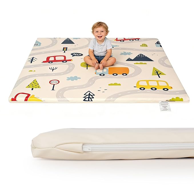 1.3" Thick Baby Play Mat for Floor，50x50 PU Leather Playpen Mat for Toddlers Infant Kids,Ultra Soft Support Cushioned & Waterproof Playmat for Baby Girls and Boys Play on Floor/Car Pattern