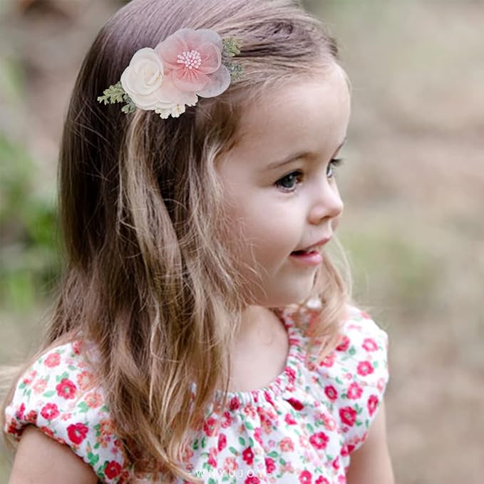 3pcs Girls Flower Hair Clips, Floral Hair Barrettes w/Boutique Fully Lined Alligator, Hair Bows for Baby Newborn Toddler