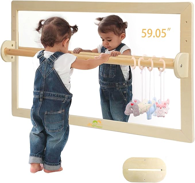 Infant Coordination Mirror Montessori Safety Pull up Bar Baby MirrorAcrylic Non-Glass Early Learning to Walk Mirror Upgrade Dual-Use with Base for Lengthened Version Hanging Toys 59.05”
