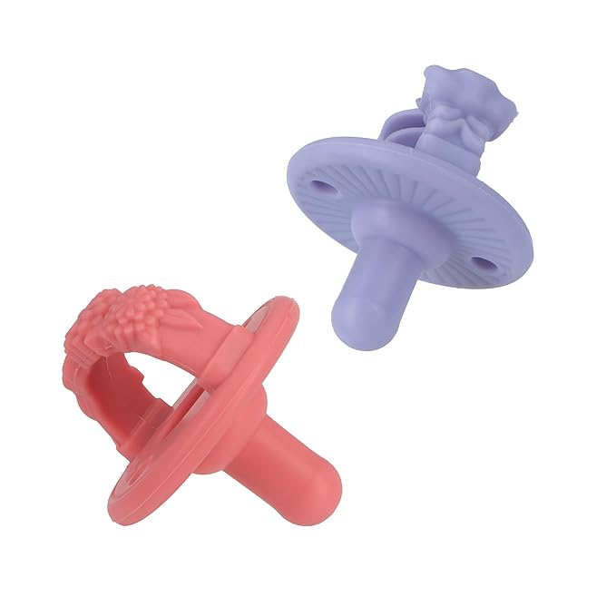 Nuby 3-D Sili Soother Pacifiers with Soft Handle and Two Safety Air Holes, 2 Pack, 0+ Months, Purple Bow and Pink Flowers