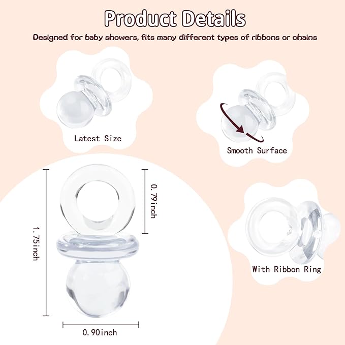 48 Pcs Acrylic Pacifiers for Baby Shower Game Boy Girl, 1.75’’ Baby Shower Pacifiers, Bulk Pacifier for Hunt Games, Decoration DIY, Gender Reveal Table Scatter, Party Favors(Clear)