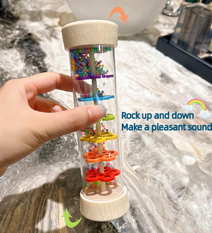 Oneshow Wooden Rain Stick Montessori Toys for Babies, Rainmaker Rain Sticks for Kids, Toddler Rattle Sensory Musical Toy with Calming Rain Sounds - 7.7"