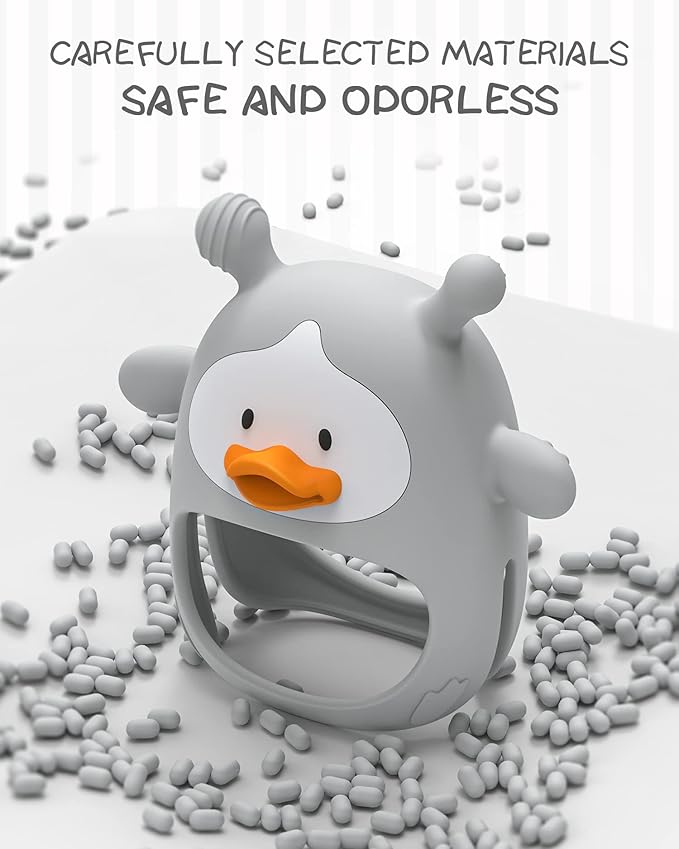 Baby Teething Toys,Silicone Baby Teether Toy for Infants 3+ Months, Never Drop Silicone Baby Mitten Teether for Soothing Teething Pain Relief, Baby Chew Toys for Sucking Needs, BPA Free (Grey)