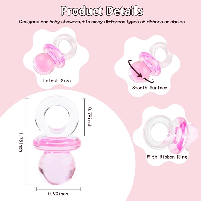 36 Acrylic Pacifiers for Baby Shower Game Girl, 1.75 Inch Cute Baby Shower Pacifiers, Pink Pacifiers for Baby Shower Decoration DIY, Gender Reveal Party Table Scatter, Baby Shower Favors (Pink)
