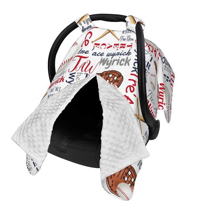 Personalized Baseball Sports Baby Car Seats Canopy for Babies with Name, Custom Monogram Car Seat Covers for Boys Girls, Opening Minky Nursing Breastfeeding Cover Infant Carseat Canopies for Newborn